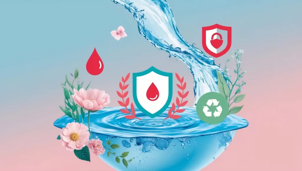 Ilustración con agua limpia fluyendo, flores delicadas y símbolos de protección y sostenibilidad, transmitiendo salud y cuidado menstrual.