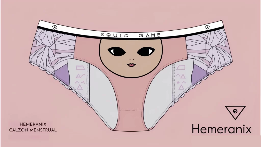 Calzón menstrual Hemeranix inspirado en la muñeca de El Juego del Calamar, con diseño geométrico y detalles minimalistas.