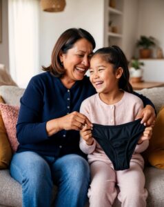 Madre entregando un calzón menstrual a su hija, simbolizando apoyo y confianza en la gestión menstrual sostenible