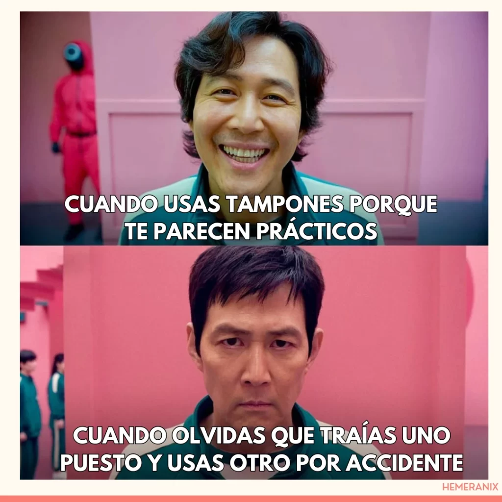 Meme del Juego del Calamar sobre la tranquilidad al dormir usando calzones menstruales