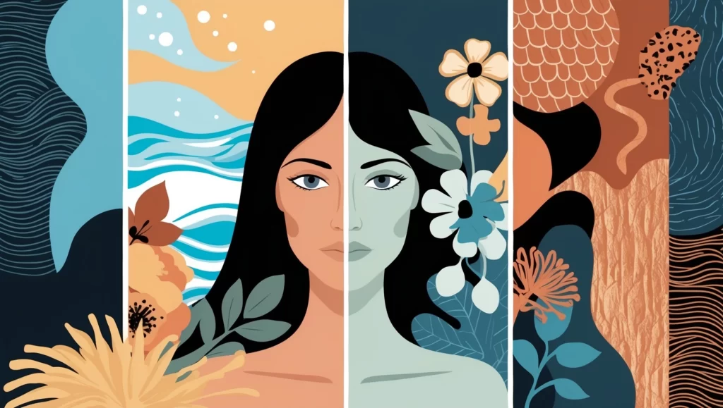 Ilustración conceptual de una figura femenina dividida en dos mitades que simbolizan la dualidad entre La sangre de la menstruación es limpia o sucia, con colores claros y oscuros representando percepciones opuestas sobre la sangre menstrual.