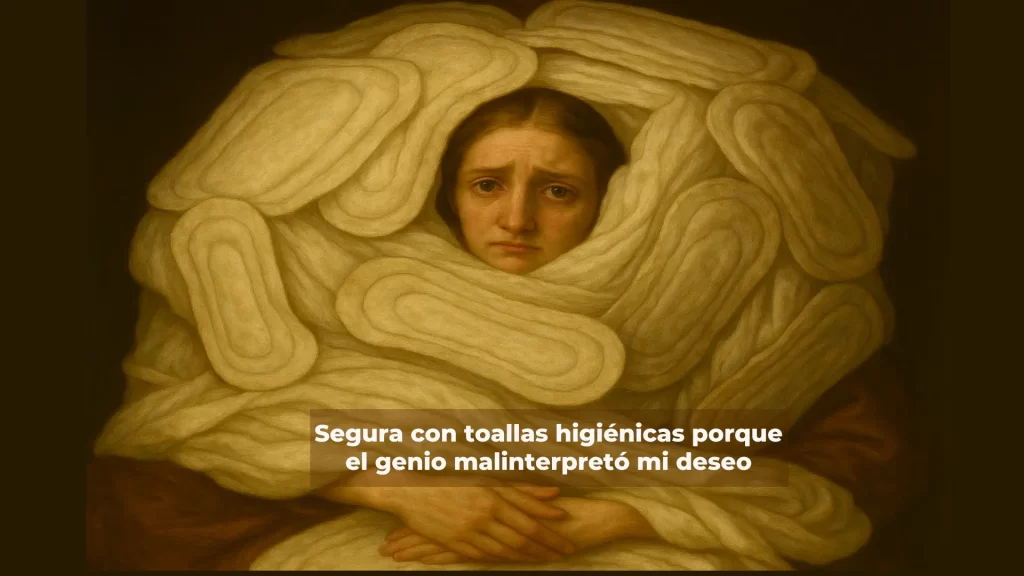Mujer envuelta en toallas higiénicas en estilo barroco como parte del meme El genio malinterpretó mi deseo