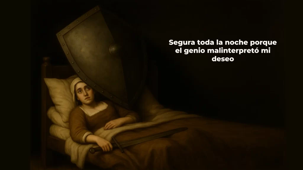 Mujer acostada con escudo en la cabeza como protección en meme El genio malinterpretó mi deseo