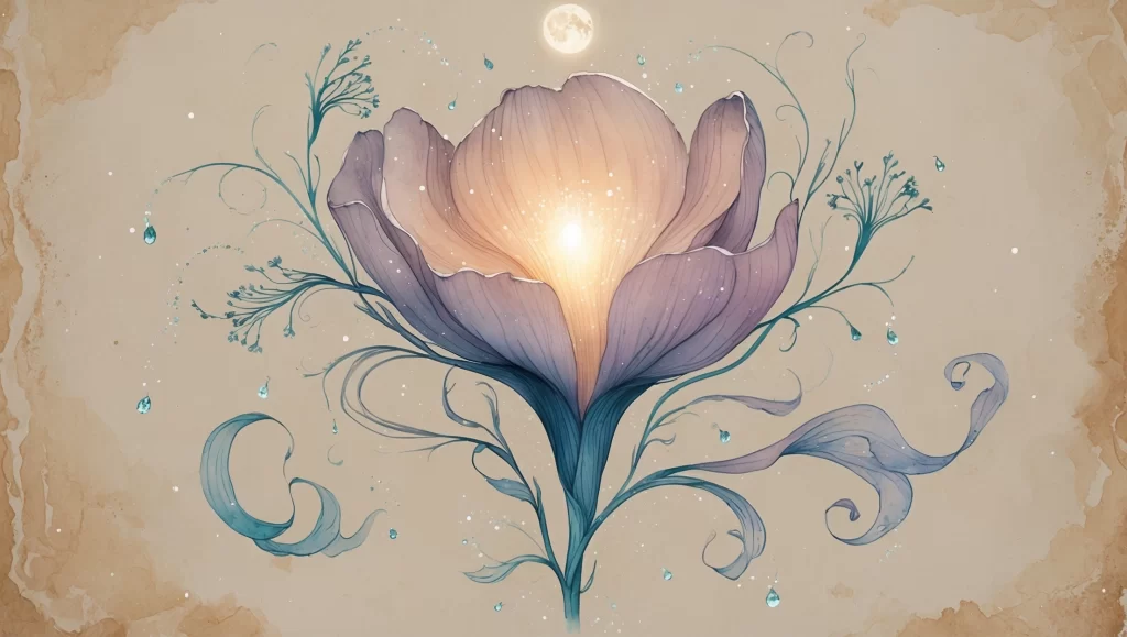 Fases de la Menstruación, representadas como una flor uterina que evoluciona con las fases lunares