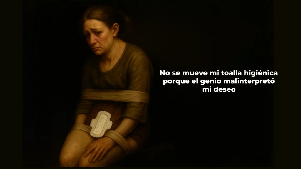 Mujer atada con cintas para que no se mueva su toalla higiénica, en pintura estilo barroco