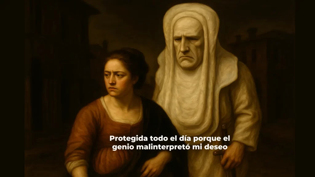 Mujer acompañada por figura con cara de toalla gigante, meme en pintura estilo barroco