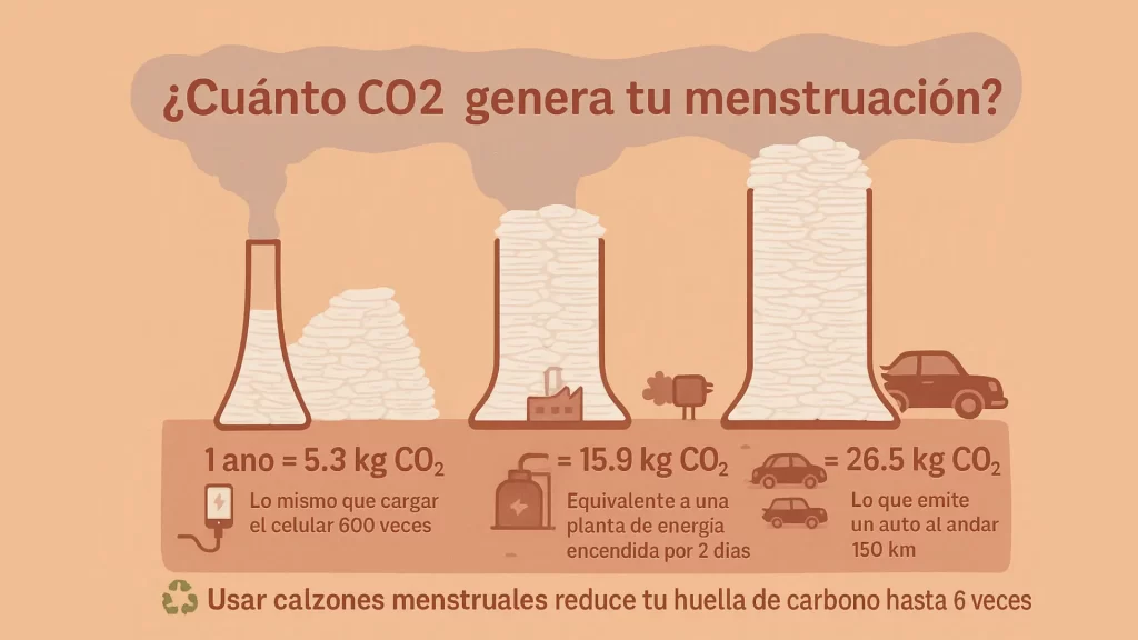 Ilustración comparativa del impacto ambiental en CO₂ del uso de productos menstruales desechables durante 1, 3 y 5 años, en el marco del Día del Planeta.