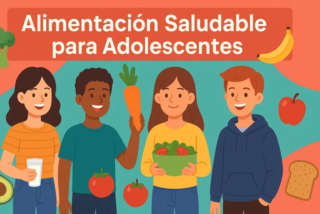 Ilustración de cuatro adolescentes felices sosteniendo alimentos saludables como leche, zanahoria, ensalada y manzana, promoviendo una alimentación saludable para adolescentes