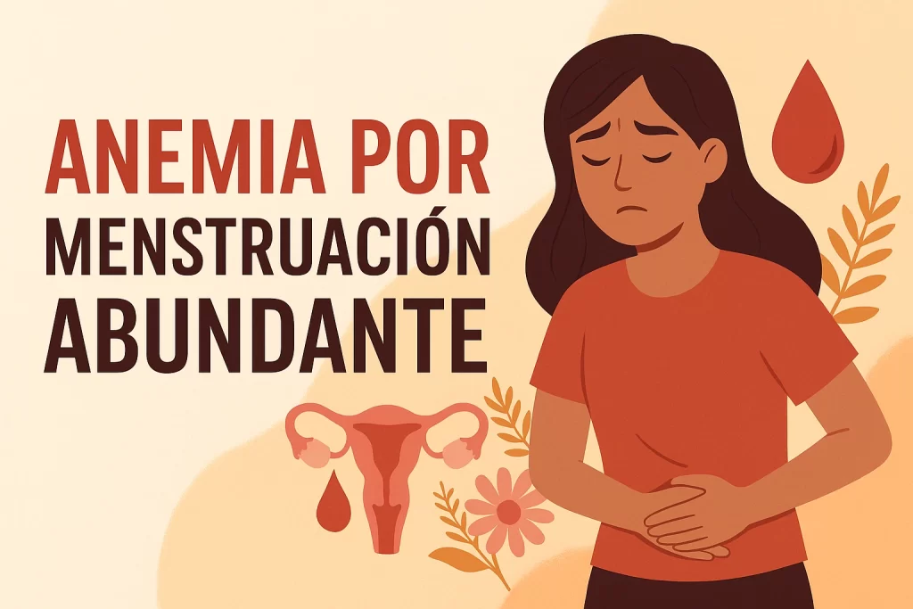 Ilustración de una mujer con dolor abdominal y expresión de fatiga, acompañada de elementos gráficos como útero, gotas de sangre y plantas