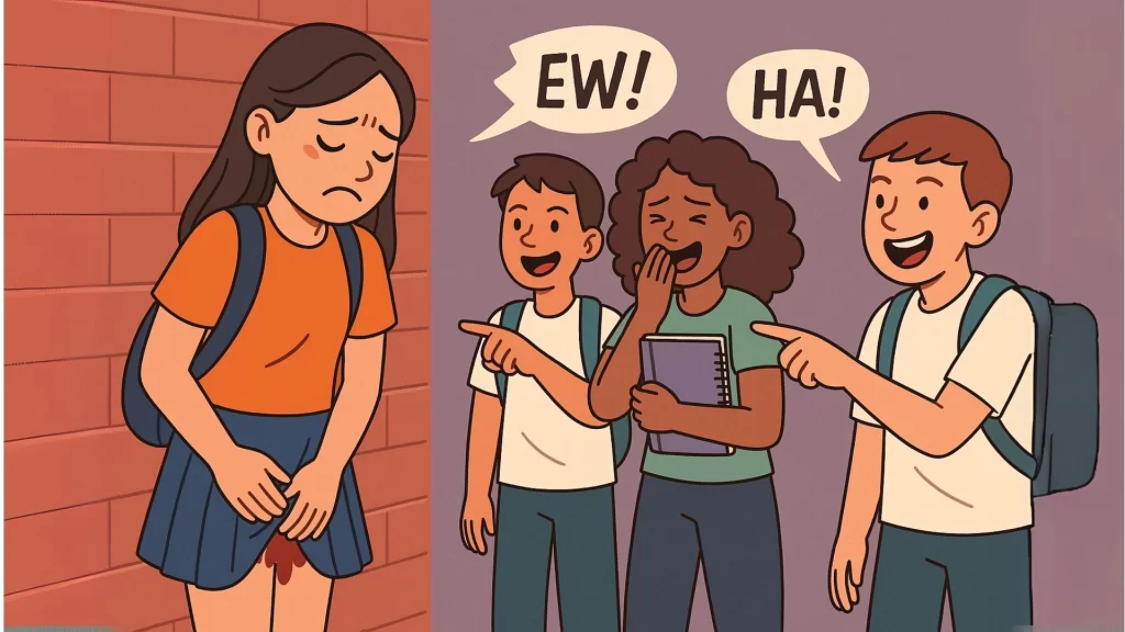 Ilustración de una niña en el colegio con una mancha menstrual siendo objeto de burlas por parte de otros estudiantes, representando el bullying menstrual en colegios.