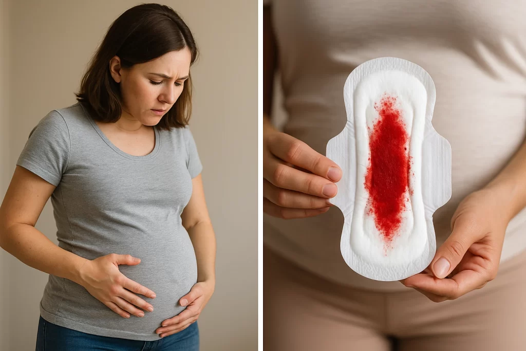 Fotos menstruación durante el embarazo Composición con una mujer embarazada preocupada tocando su abdomen y una toalla higiénica con sangre, ilustrando el sangrado en el embarazo