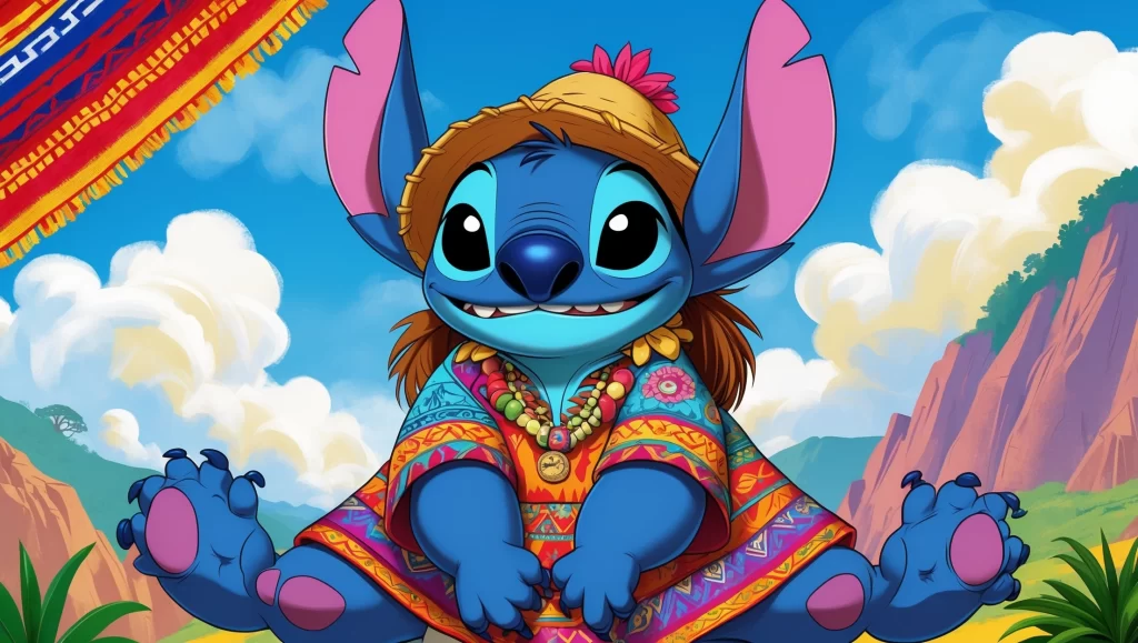 Ilustración colorida de Lilo y Stitch Perú con un fondo peruano, textiles andinos, cielo azul y detalles de la bandera del Perú