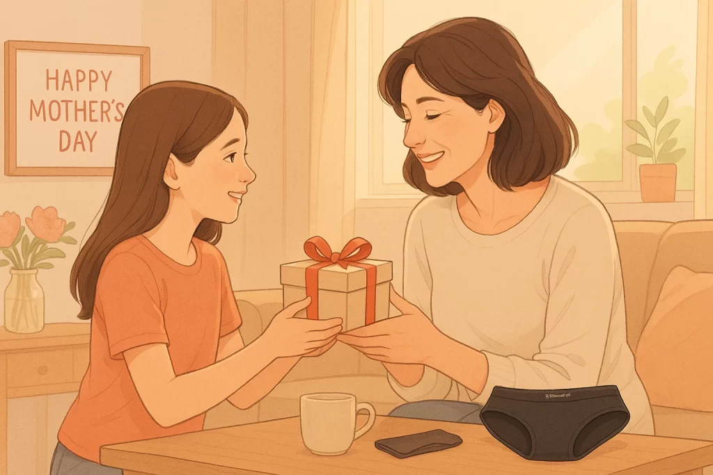 Ilustración de una madre recibiendo un regalo de su hija por el Día de la Madre, con un calzón menstrual Hemeranix en la mesa