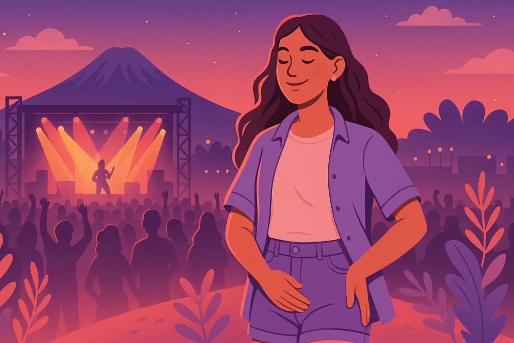 Menstruación en concierto Arequipa Ilustración de una joven en un concierto al aire libre en Arequipa, con fondo de luces y volcanes, sonriendo con seguridad y libertad