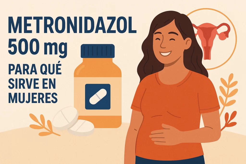 Metronidazol 500 mg para qué sirve en mujeres, Ilustración informativa mostrando metronidazol 500 mg, una mujer sonriente y un diagrama del sistema reproductor femenino