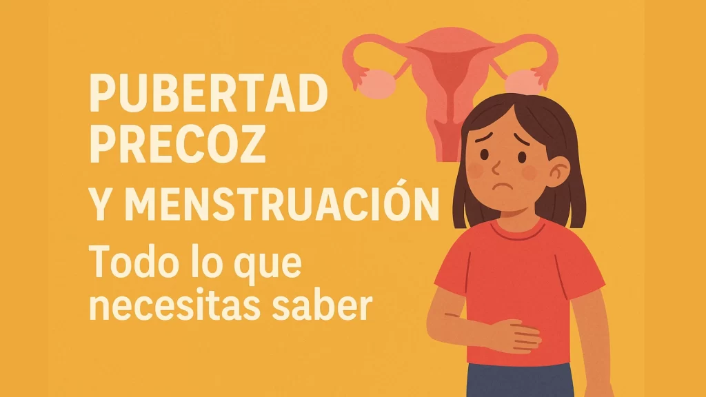 Ilustración de una niña preocupada con un fondo amarillo y un útero dibujado, representando el tema de la pubertad precoz y menstruación antes de los 8 años
