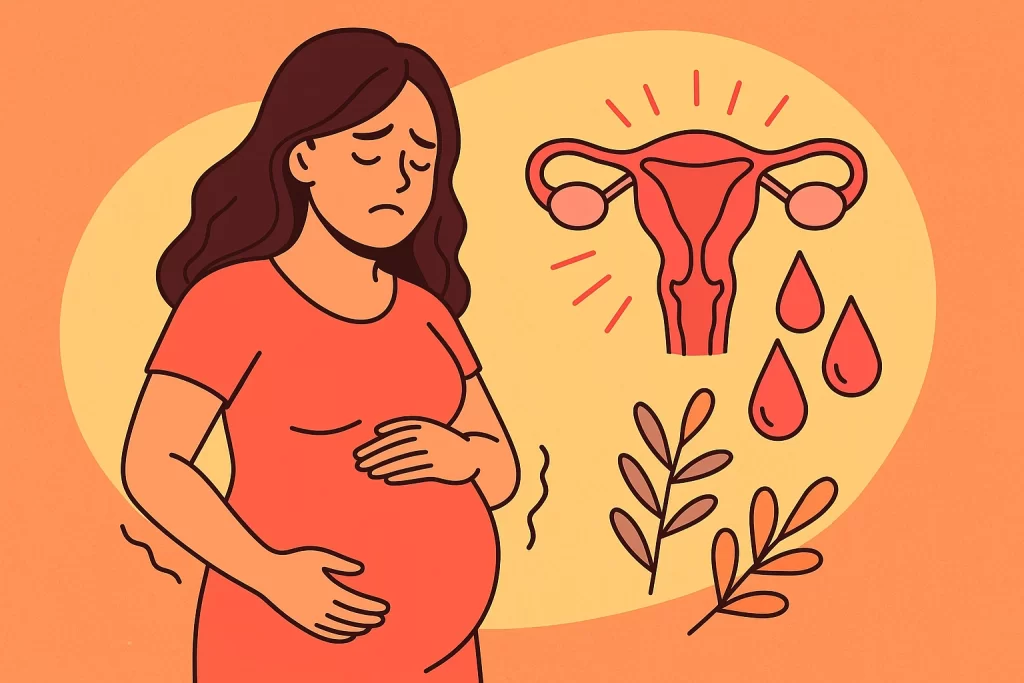 Ilustración de una mujer embarazada con expresión de incomodidad, acompañada de un útero rojo, gotas de sangre y ramas decorativas sobre fondo naranja