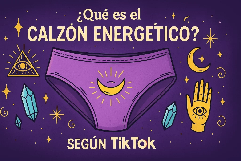 Ilustración mística con calzón violeta rodeado de símbolos esotéricos, cristales, lunas y estrellas, junto al texto “¿Qué es el calzón energético?”