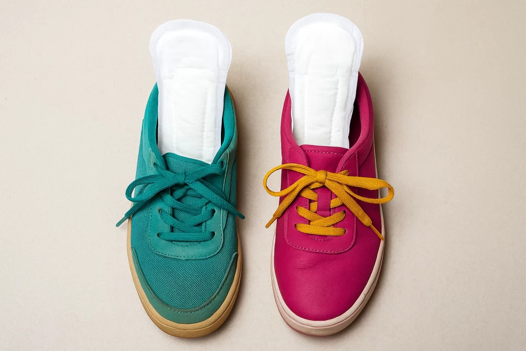 Zapatillas reales con toallas femeninas en su interior como plantilla improvisada sobre fondo beige