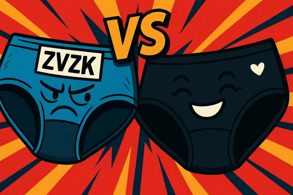 Ilustración estilo pop-art que muestra un calzón menstrual ZVZK molesto frente a un calzón menstrual Hemeranix feliz