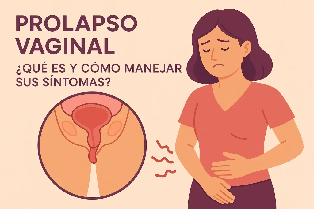 Mujer con molestias abdominales junto a una ilustración médica del prolapso vaginal