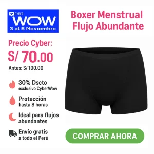 Boxer menstrual Hemeranix para flujo abundante en oferta Cyber Wow Perú, con 30% de descuento, envío gratis y protección hasta 8 horas.