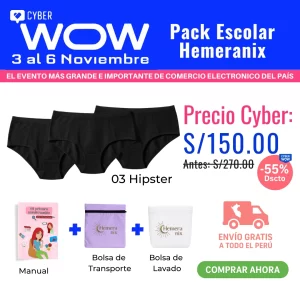 Pack Escolar Menstruación Hemeranix con 55% de descuento en Cyber Wow. Incluye 3 calzones menstruales, manual educativo y envío gratis a todo el Perú por S/150.