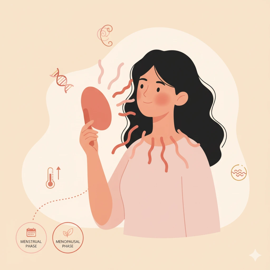 Ilustración de una mujer peruana experimentando un sofoco, con tonos cálidos y suaves,ue representan los cambios hormonales durante la menstruación y la menopausia.