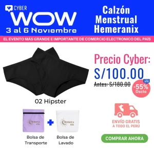 Calzón menstrual Hemeranix con 55% de descuento durante el Cyber Wow Perú. Pack de 2 calzones menstruales, bolsa de lavado y transporte, envío gratis a todo el Perú.