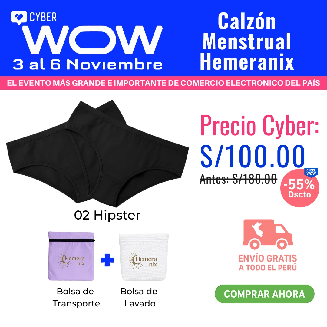 Calzón menstrual Hemeranix con 55% de descuento durante el Cyber Wow Perú. Pack de 2 calzones menstruales, bolsa de lavado y transporte, envío gratis a todo el Perú.