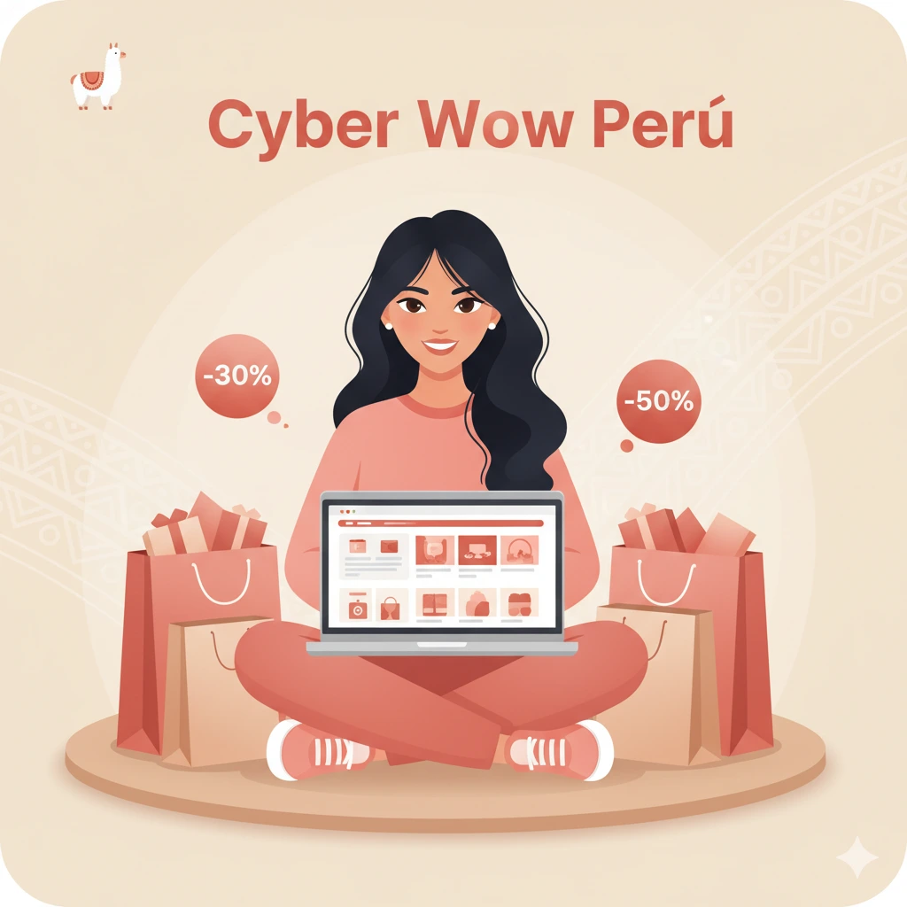 Ilustración de una mujer comprando online durante el Cyber Wow Perú 2025 con los colores de Hemeranix.