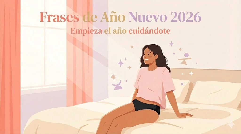 Mujer usando calzón menstrual negro como símbolo de autocuidado en frases de Año Nuevo 2026