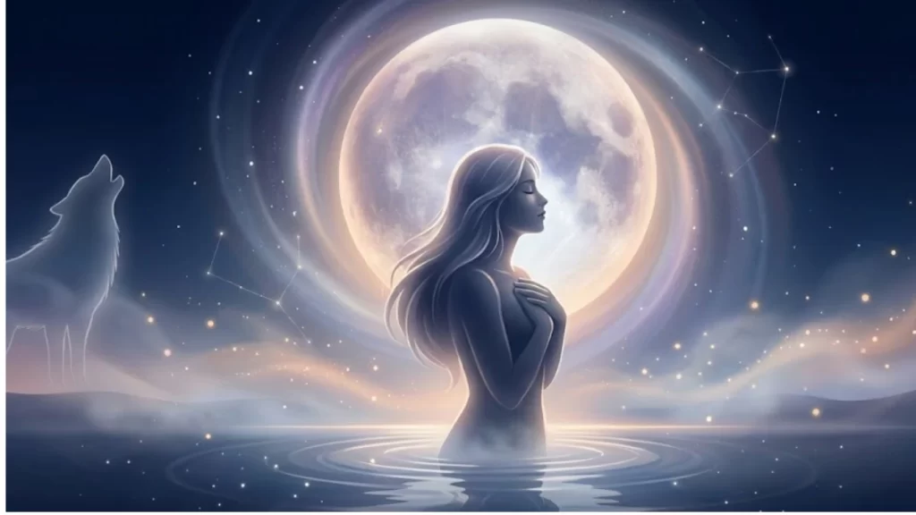 Luna llena enero 2026 o Luna del Lobo, imagen esotérica sobre bienestar femenino y descanso nocturno.