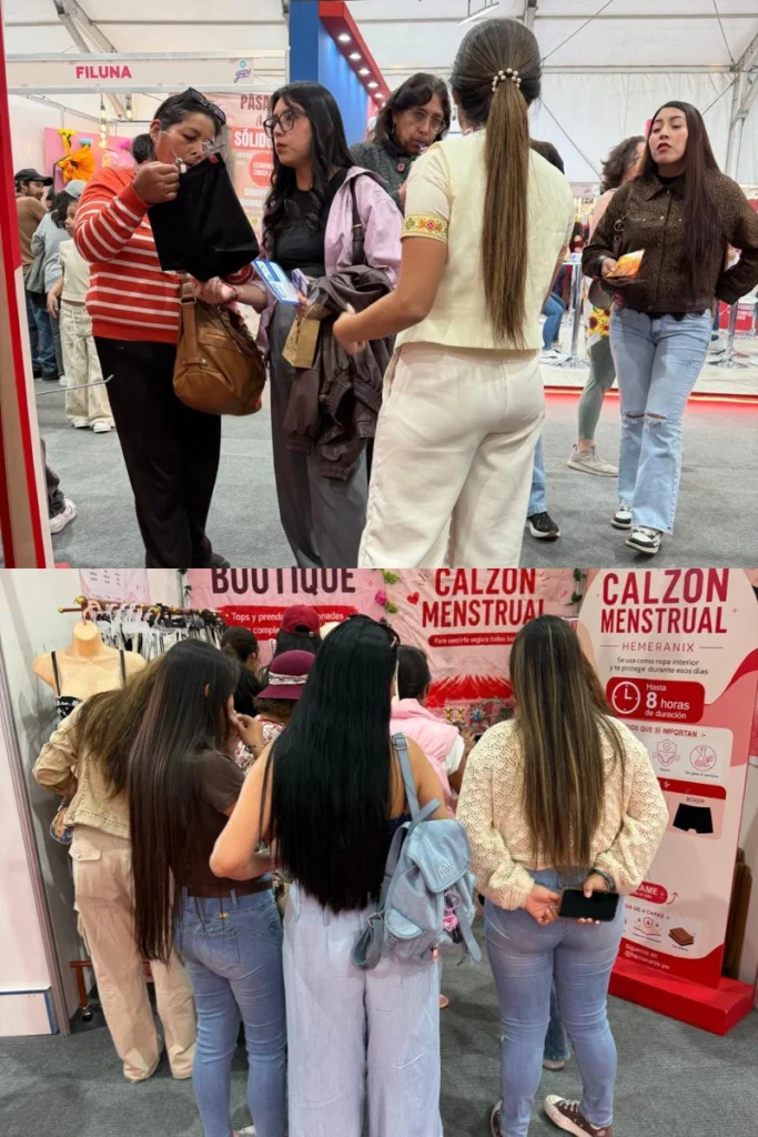 Visitantes reciben asesoría sobre calzones menstruales Hemeranix en la Feria Arequipa 2026